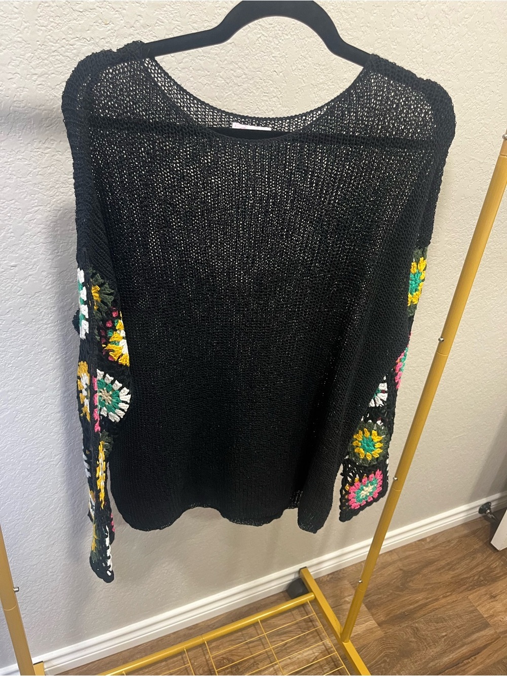 Pink Lily Medium Black Crochet Granny Square Sleeve Sweater Boho Festival